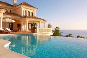 Fototapeta premium Luxury andalusian style villa with infinity pool offering expansive ocean views, representing exclusivity and comfort