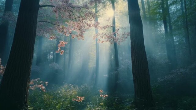Sun rays through panorama cherry blossom in misty forest