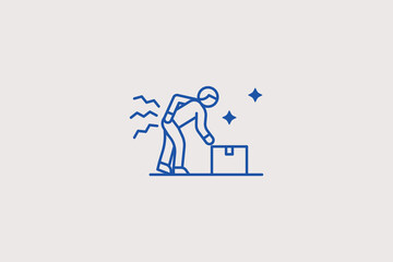 Fototapeta premium Man bending over box with back ache line icon for clinical orthopedics for medical wellness apps. Professional vector illustration for posture diagnostics, ergonomics, or injury tracking logs.