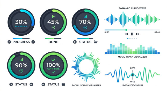 Digital Progress Circles and Audio Waveforms Displaying Data and Status