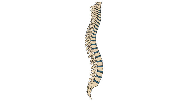 Detailed anatomical illustration of the human vertebral column or spine showing the cervical thoracic lumbar and sacral regions from a side view.