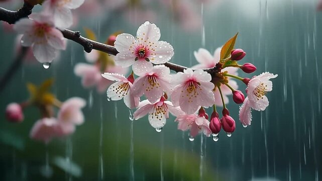 Panorama cherry blossom branch swaying in gentle spring rain
