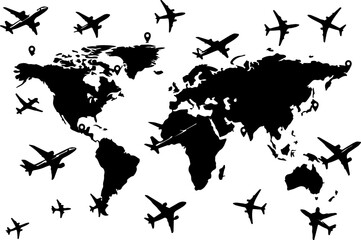 Global travel world map silhouette with airplanes, black international flight routes vector, aviation tourism and logistics concept illustration © Abdul
