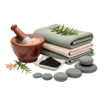 Spa essentials with towels mortar pestle bath salts and hot stones for relaxation
