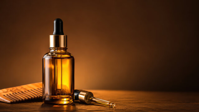 amber serum dropper bottle beside wooden comb on dark warm background