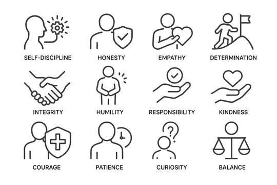 Icons of core values: honesty, empathy, determination, and more