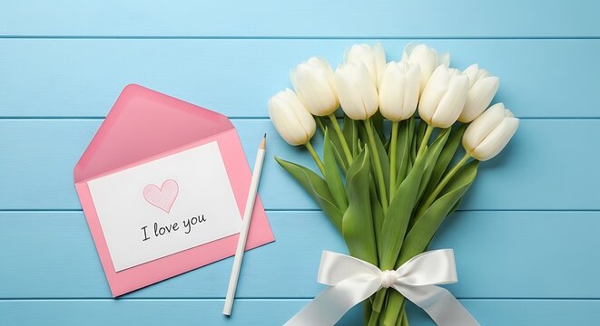 White tulips bouquet with I Love You card on blue wooden background