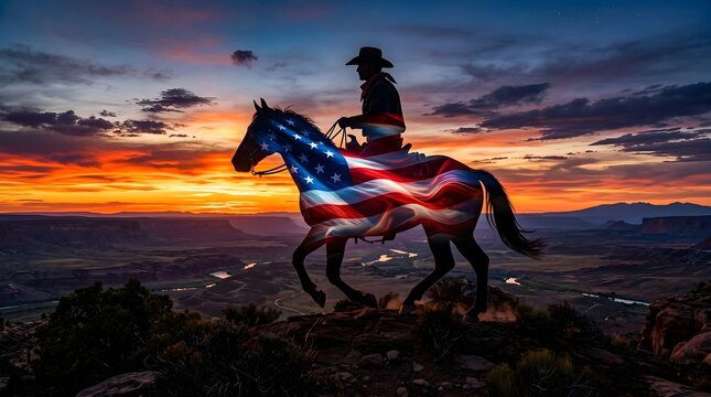 Patriotic cowboy silhouette riding horse with American flag pattern, western landscape at sunset, cinematic horse rider in desert canyon