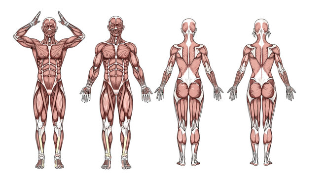 Full body anatomical illustration of male and female muscular systems showing muscle structure from the front and back.