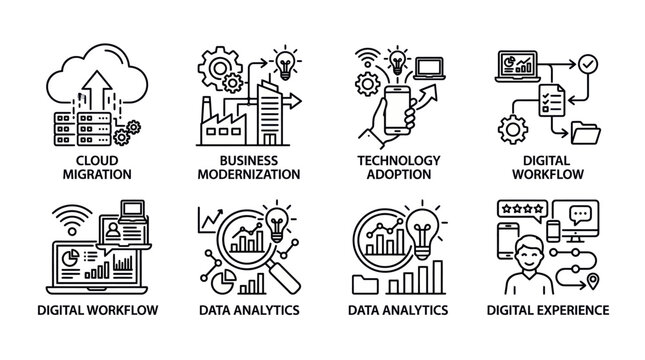 Vector icons for business modernization and digital workflow concepts