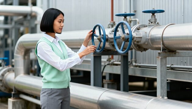 Female engineer turning a valve on an industrial pipeline at a factory. Asian technician working with equipment at a Direct Air Capture (DAC) plant