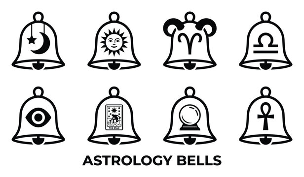 Set of eight astrology bells solid icons featuring mystical symbols for spiritual divination theme.