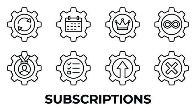 Set of eight outlined subscription icons representing digital service account management and settings.