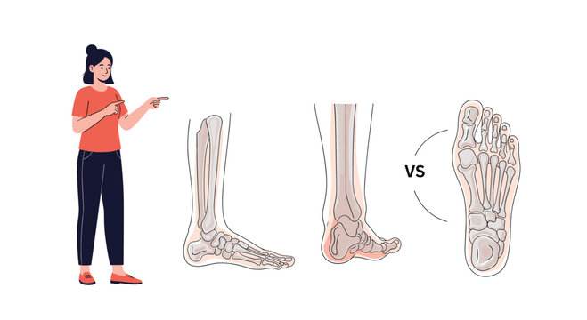 Woman standing near anatomical diagrams of human leg and foot bones to explain skeletal structure and podiatry concepts.