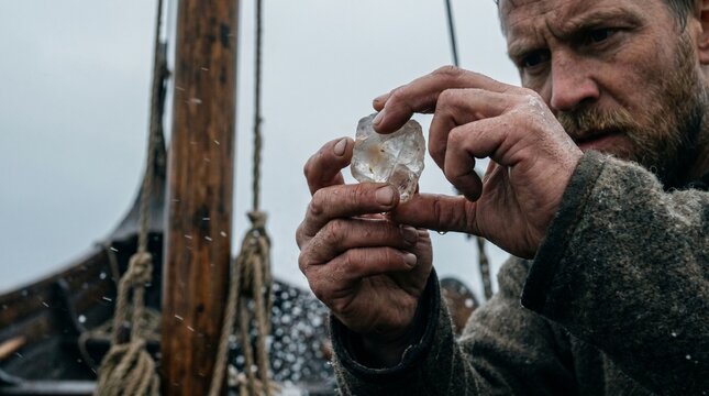 A Viking navigator carefully examines a sunstone crystal for navigation on a longship during an overcast sea voyage in Scandinavia.
