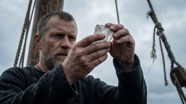 Cinematic portrait of a Viking sailor using a sunstone crystal for navigation on a longship during an overcast sea voyage in Scandinavia.