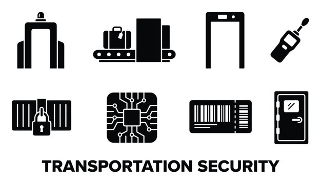 Set of transportation security icons metal detector baggage scanner walk-through scanner.