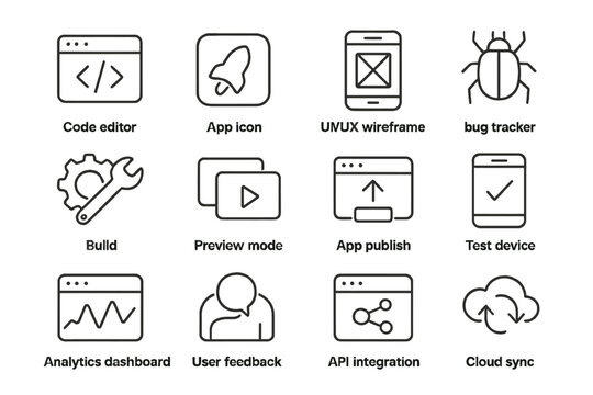 Software development icons: code editor, ui/ux wireframe, bug tracker, analytics