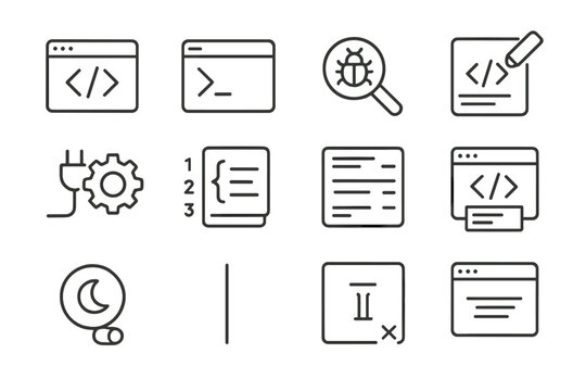 Minimalist dark theme programming icons for developers and coders