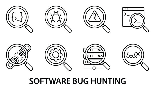Software bug hunting icons set depicting code analysis error detection and debugging tools for development process.