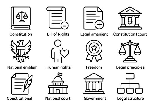 Legal symbols representing constitution, rights, and government structures