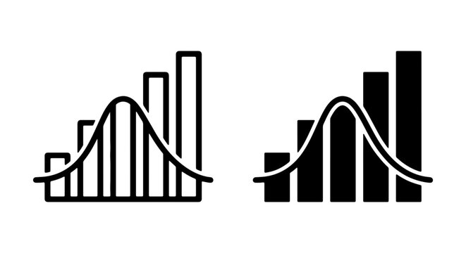 Normal distribution curve over bar graph, statistical data analysis vector icon set
