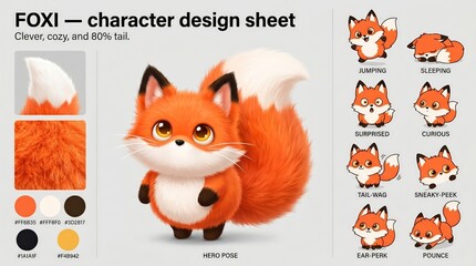 Fototapeta premium Cartoon mascot character design sheet featuring a cute fox with various poses including jumping, sleeping, and curious expressions, showcasing vibrant colors and detailed fur textures