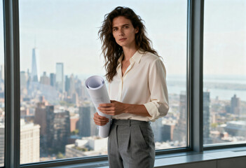 Fototapeta premium Confident female architect holding a blueprint in a modern office. Professional businesswoman standing by a window with a New York City skyline view