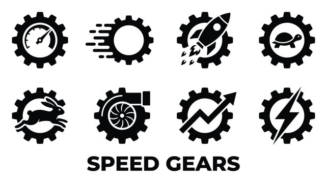 Speed gears icons with speedometer fast motion rocket turtle rabbit turbo graph and lightning bolt.