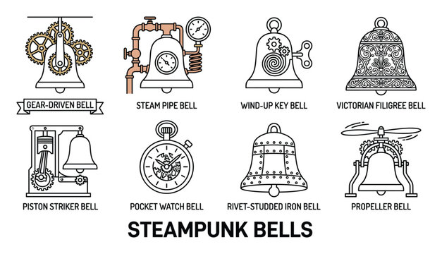 Steampunk bell designs with gears pipes and clockwork mechanisms intricate.