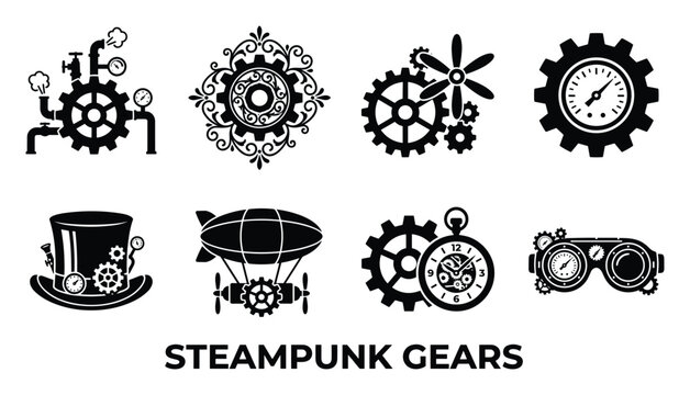 Steampunk gears and clockwork elements, retro futuristic design, mechanical symbols with vintage style.