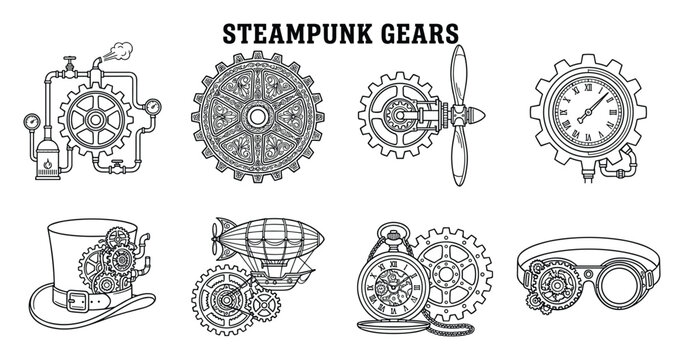 Steampunk gears and clockwork elements, retro futuristic design, mechanical symbols in outline style.