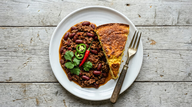 Chili con carne with cornbread on white plate, spicy beef stew with kidney beans and jalapeno garnish on rustic wooden table. Traditional tex-mex comfort food meal