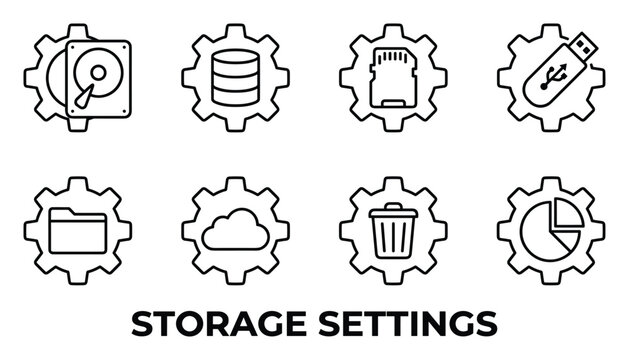 Storage settings icons, gear shapes with hard drive, database, sd card, usb, folder, cloud, trash.