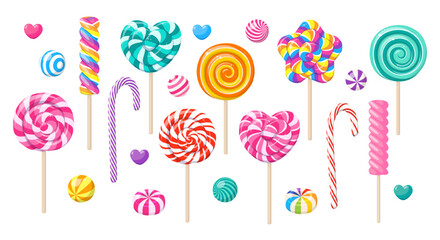 Obraz premium Hard sugar candies, lollipops, sweet canes and gum balls. Icons set of variety sweets, peppermint lollipops in shape of heart, star and circle with twisted color stripes, vector illustration
