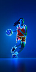 Naklejka premium Female basketball player dribbling with glowing neon lines on blue background. Concept of sportswear advertising, youth league promotion, basketball academy banners, and fitness campaigns.