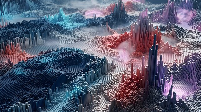 Abstract 3d landscape with blue and red voxel mountains and fog