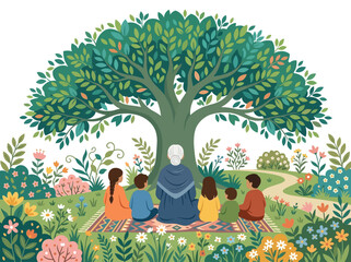 Fototapeta premium Grandmother sitting with her grandchildren under a large beautiful green tree in a colorful garden