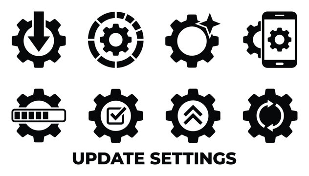 Update settings icons with gears showing download progress installation and system configuration for software updates.