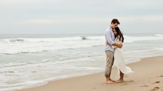 A loving couple embracing each other on a peaceful sandy beach at seaside