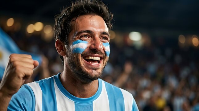 Close-up portrait of a male soccer fan with face paint cheering for his national team facepaint celebration football cheering enthusiastic portrait tournament shouting competition national