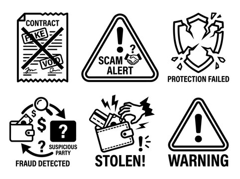 Fraud warning icons set featuring black line art symbols for cybersecurity and financial scam detection protection
