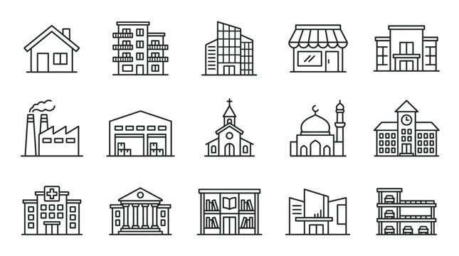Black and white building line icons.