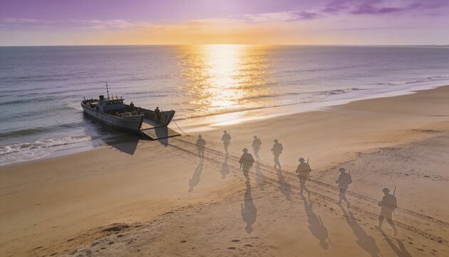 Military landing craft on a beach at sunset with soldiers disembarking. Ghostly silhouettes of WWII troops walking on sand. D-day anniversary concept for remembrance of fallen veterans. Copy space