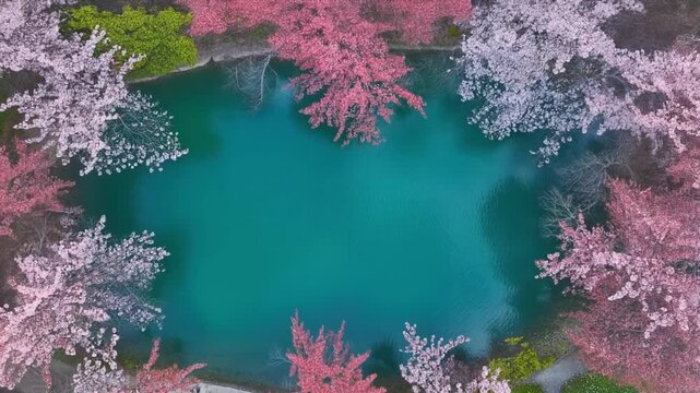 Aerial panorama cherry blossom trees around a serene blue pond