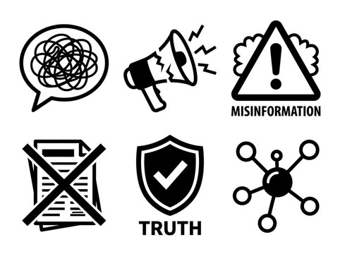 Set of black and white icons representing misinformation fake news truth and digital media communication concepts
