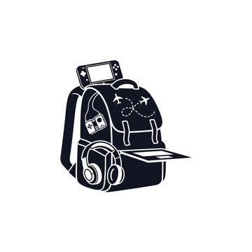 Black backpack with white outline details.