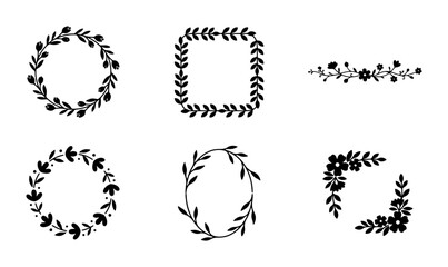Fototapeta premium Botanical Wreaths and Borders Set, Delicate Floral Elements, Hand-Drawn Vector Flourishes for Invitations and Design
