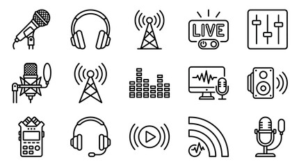 Obraz premium Black line icons of audio equipment.