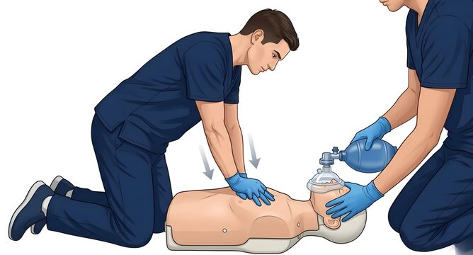CPR Training with Bag Valve Mask Ventilation and Chest Compressions Isolated on White Background

